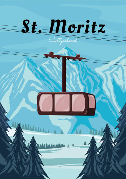 ilustraciones, imágenes clip art, dibujos animados e iconos de stock de st moritz suiza diseño de cartel vintage. invierno en ilustración de cartel suizo. póster de viaje de st moritz en suiza - st moritz engadine landscape village