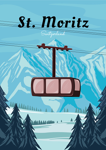 St Moritz Switzerland Vintage Poster Design. Winter in Swiss Poster Illustration. Travel Poster of St Moritz in Switzerland