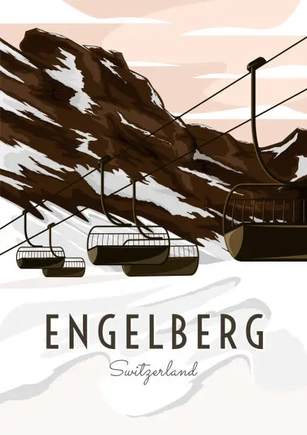Vector illustration of Engelberg, Swiss in Winter Poster Design. Winter in swiss vintage poster illustration. Travel poster of Engelberg Switzerland in Winter