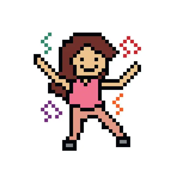 Vector illustration of Cute pixel cartoon 8bit character woman aerobic exercises training dance lifestyle vector for decoration life style 8 bit female exercise gym fitness warm up vector.