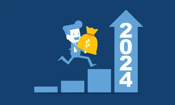 Vector illustration of Businessman climbing on top of of stacking coins money in 2024