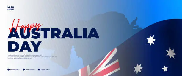 Vector illustration of Australia day blue banner design, with flag, country map and stars elements