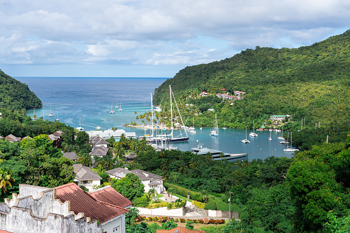 An elevated view of Tropical Marigot Bay on a sunny day.