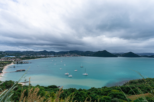 A photo of yachts anchored in Rodney Bay in St Lucia viewed from Pigeon Island.