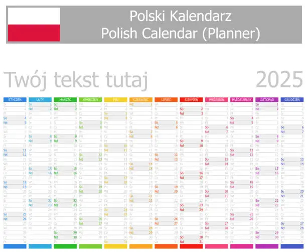 Vector illustration of 2025 Polish Planner Calendar with Vertical Months