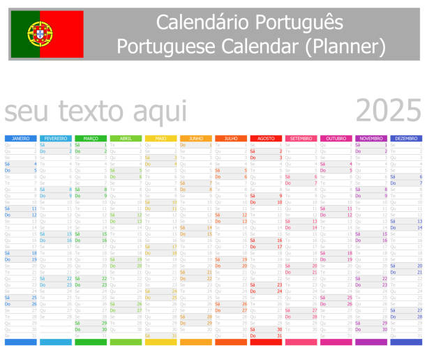 2025 Portuguese Planner Calendar Vertical Months 2025 Portuguese Planner Calendar Vertical Months on white background portugues stock illustrations