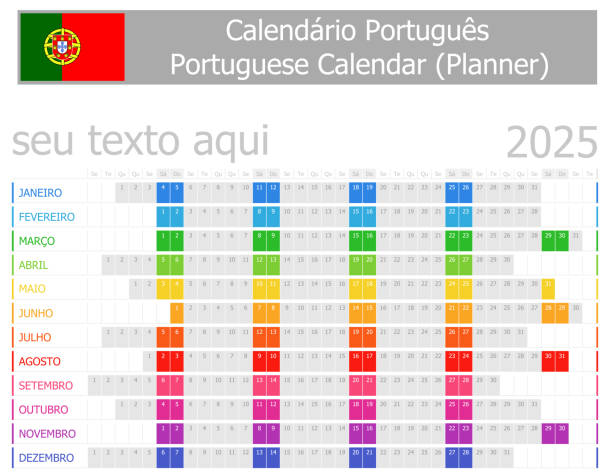 2025 Portuguese Planner Calendar with Horizontal Months 2025 Portuguese Planner Calendar with Horizontal Months on white background portugues stock illustrations