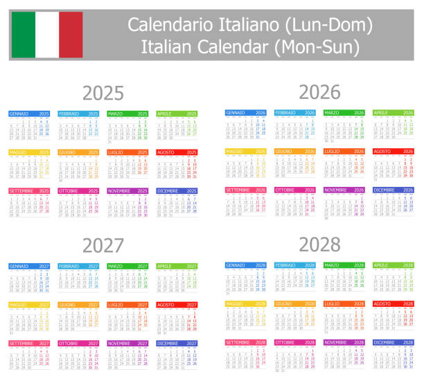 2025-2028 Italian Type-1 Calendar Mon-Sun 2025-2028 Italian Type-1 Calendar Mon-Sun on white background 2026 stock illustrations