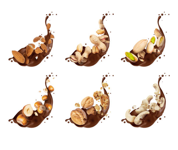 Set of various crushed nuts in chocolate splashes isolated on a white background