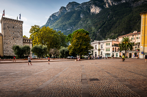 Riva del Garda, Italy - October, 04. 2023: Town square downtown Riva del Garda.