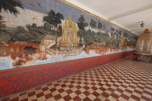 Wall painting of Murals of scenes from the Khmer Reamker version of the classic Indian epic Ramayana in the Royal Palace Phnom Penh, Cambodia.