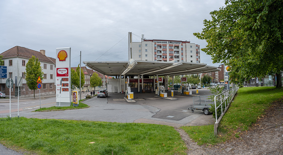 Gothenburg, Sweden - september 03 2023: Exterior of classic Shell gas station in Majorna.