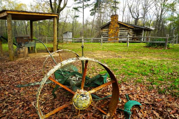 A scenic view of a farm landscape with colorful flowers and an old wooden wagon wheel