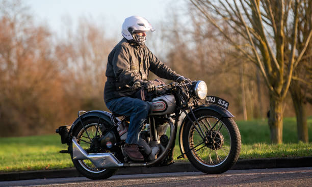 Norton motorcycle Stony Stratford,UK Jan 1st 2024. 1936 Norton ES2 motorcycle arriving at Stony Stratford for the annual New Years Day vintage and classic vehicle festival. norton brand name stock pictures, royalty-free photos & images