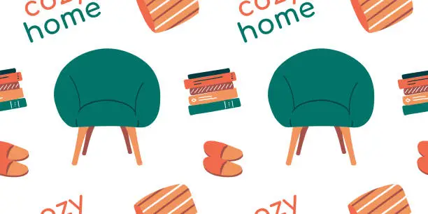 Vector illustration of Cozy Home pattern. Soft chair, slippers, stack of books, striped pillow. Mood of calm, silence. Hobby Reading. Furniture
