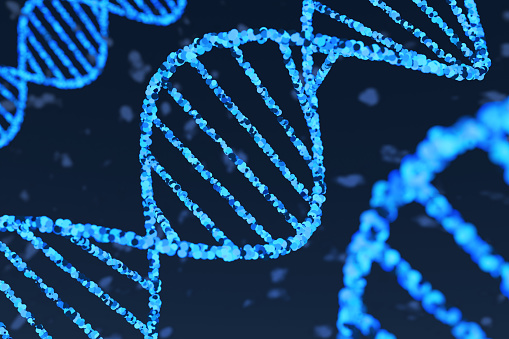 Neon glowing DNA strands floating in fluid. Illustration of the concept of genetic engineering and gene therapy