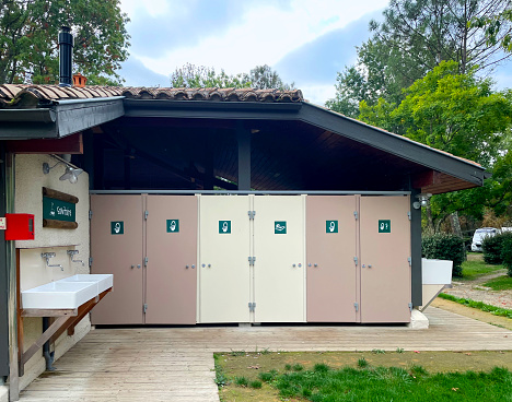 Toilet facilities at a French campsite in Moncrabeau in France. October 2023