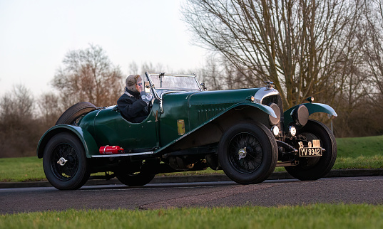 Bentley 8 litre Brooklands racer British vintage 1930s race car. The car is doing a demonstration drive during the 2017 Classic Days event at Schloss Dyck.
