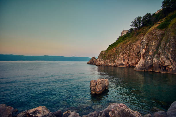 adriatic beach with blue sea at sunset
