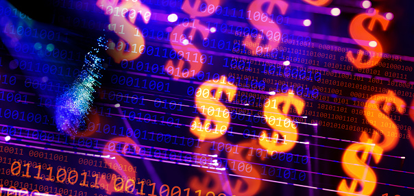 Binary code abstract background with fiber optics, glowing dollar signs and dynamic lines