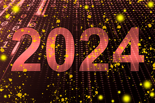 Year 2024 on an abstract flowing binary code background with dotted lines and glowing lights. New Year 2024 celebration concept.