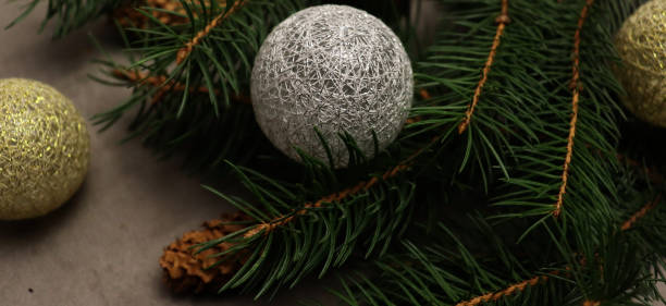 Beautiful holiday celebrate background with pine branch and golden and silver christmas toys