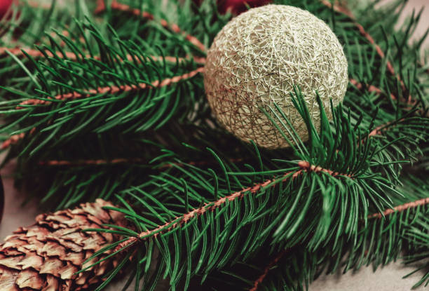 istock Beautiful christmas decor background with pine branches 1907671382
