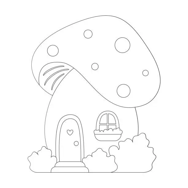 Vector illustration of Coloring page with magic mushroom house. Tiny home for gnome or elf. Black and white game for kids. Children education or fairy tale theme.