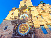 Tower of the historic town hall with astronomical clock in Prague, Czech