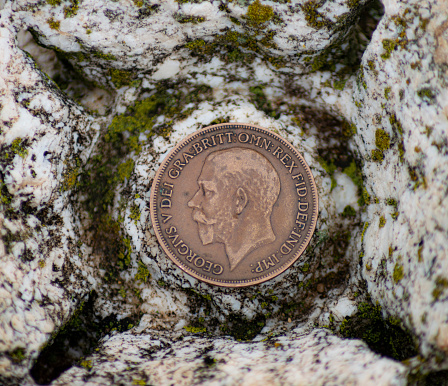 A single copper penny lying on a rocky surface in a snowy landscape, with a treke in the background
