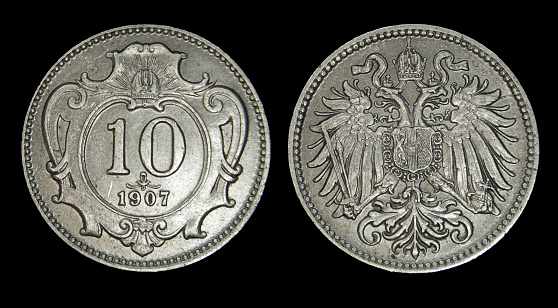 A closeup image of Austria-Hungary heller coin, Franz Joseph