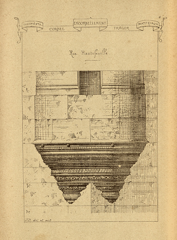 Vintage illustration Architectural Corbel, History of architecture, decoration and design, art, French, Victorian, 19th Century. In architecture, a corbel is a structural piece of stone, wood or metal jutting from a wall to carry a superincumbent weight