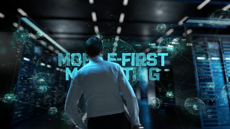 Mobile-first marketing. IT Administrator Activating Modern Data Center Server with Hologram.