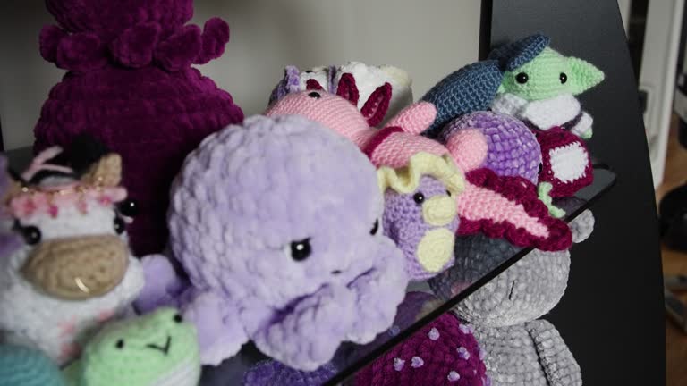 Cute Crochet Animals: Frog, Octopus, Cow. Static, Shallow, Cinematic