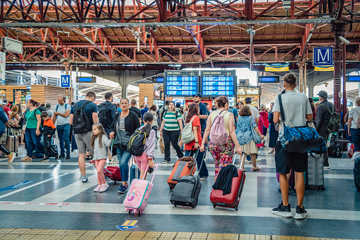 Bucharest, Romania - September 02 2023: Busy day with many passengers at the North railway station (Gara de Nord), the main train station in Bucharest.