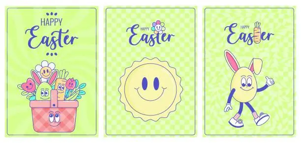 Vector illustration of Happy Easter, spring holiday. Retro groovy cartoon characters and elements. Vintage funky mascot poster psychedelic smile and emotion. Comic trendy set cards. Vector illustration 60s 70s 90s style