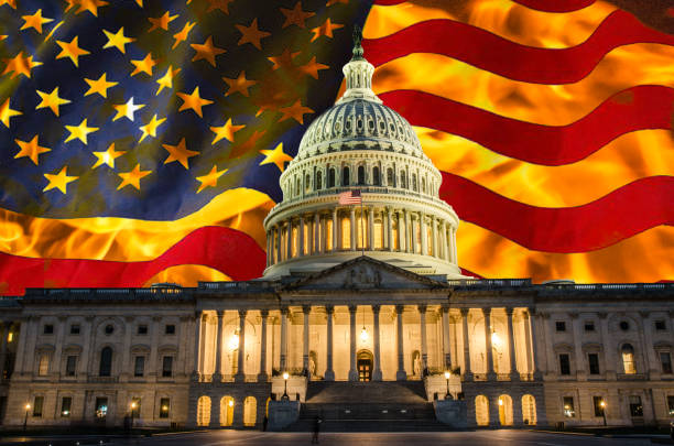 Washington Capitol with burning American flag