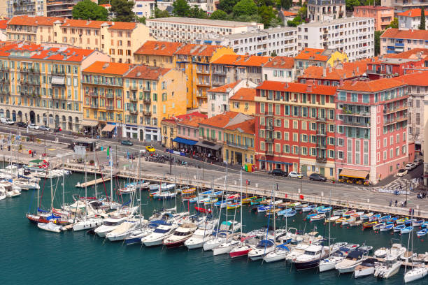Aerial view of Nice Old port in sunny summer day, Nice, French Riviera, Cote d'Azur, France