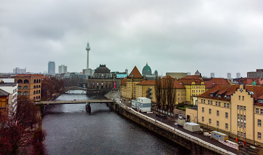 Drone point of view on Fog in Berlin with  Spree river, Berlin Cathedral - Monbijou bridge next to Bode Museum