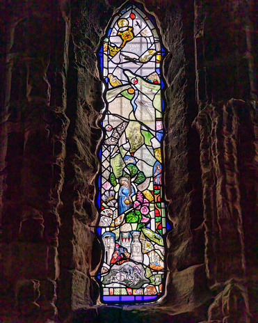 Stained glass windows of the 13th century Gothic collegiate church of Santa María, Roncesvalles, Navarra, Spain.