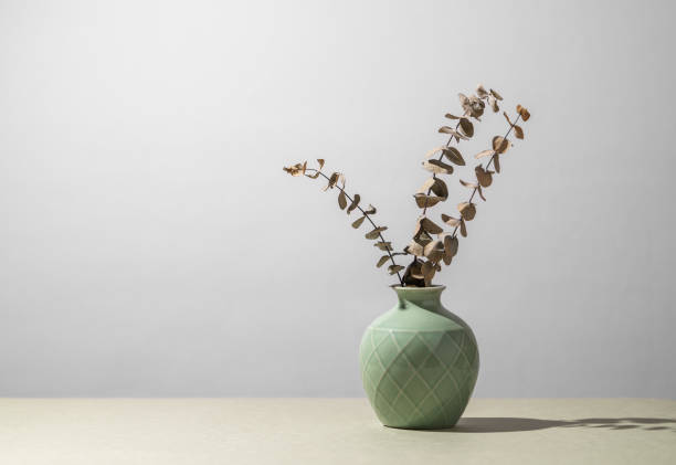 istock Green vase with dried eucalyptus  and space for displaying or advertising a product or layout on a gray background with shadow. 1907837498