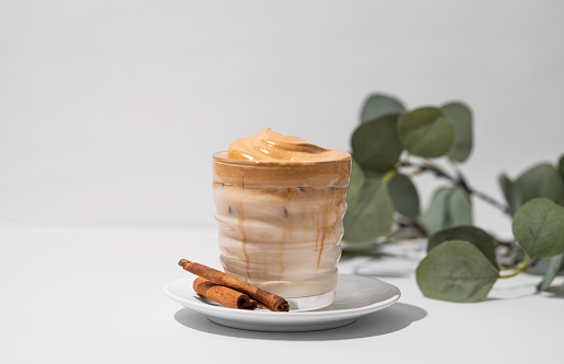 Whipped Dalgona coffee with soy milk. Instant cold coffee with ice in a glass with cinnamon sticks on light background with  branch. The concept of a trendy and popular drink.