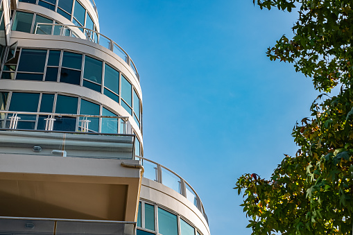 3d render. Office building on sky background