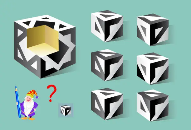 Vector illustration of Logic puzzle game for children and adults. Find the correct detail which fell out of the cube. Printable page for brainteaser book. Developing spatial thinking. Vector cartoon image.