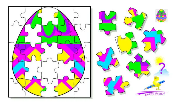 Vector illustration of Logic puzzle game. Find and draw missing pieces that corresponds to Easter egg. Printable page for brainteaser book. Developing spatial thinking. Vector  cartoon image.