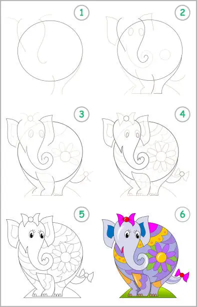 Vector illustration of Educational page for kids shows how to learn step by step to draw a cute little elephant. Back to school. Developing children skills for drawing and coloring. Vector cartoon image.