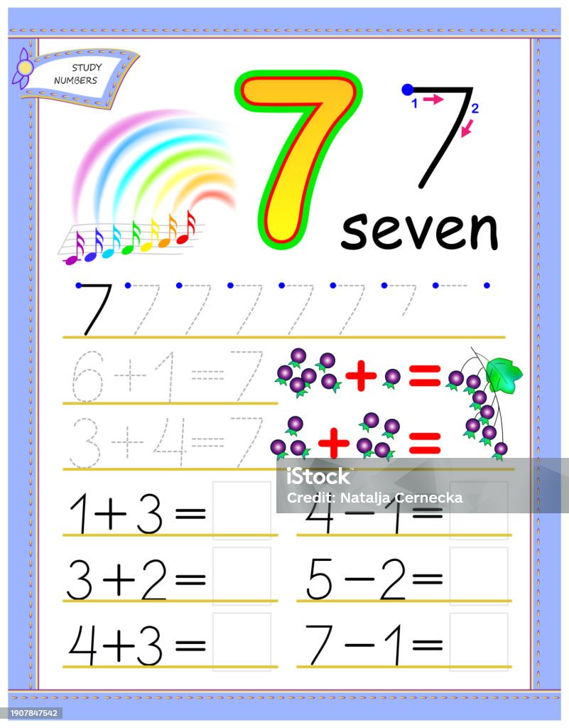 Math Number 7 Educational Page For Kids With Number 7 Solve Mathematical Examples ...