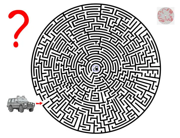 Vector illustration of Logic puzzle game with labyrinth for children and adults. Help the car find the way till the petrol station. Printable worksheet for brainteaser book. Vector cartoon image.