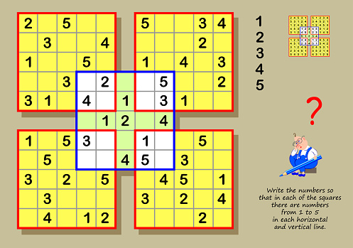 Logic Sudoku puzzle game for children and adults. Write the numbers so that in each of the squares there are from 1 to 5 in each horizontal and vertical line. Printable page for brainteaser book.