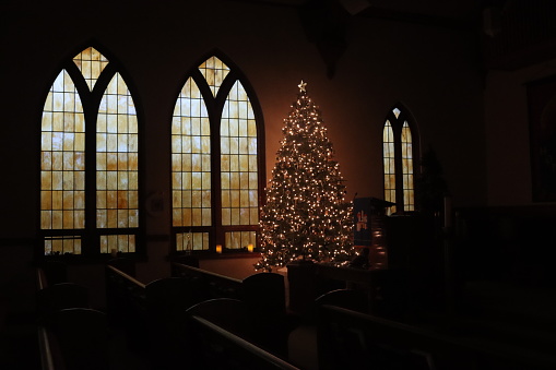 Inside a church decorated with a Christmas tree